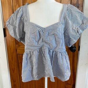 Old Navy Blue and White Striped Puff Flounce Short Sleeve Top XXL Cotton